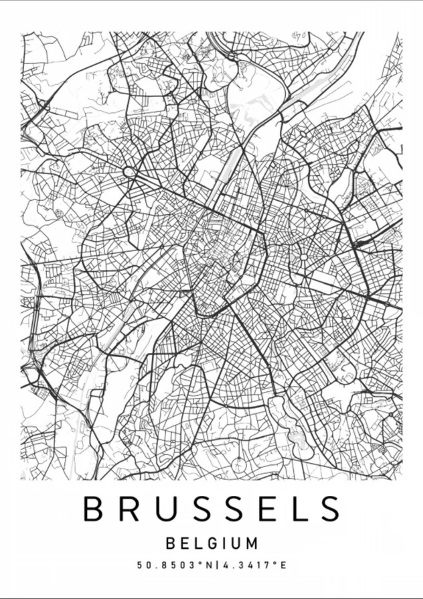 Affiche carte de Bruxelles en noir et blanc, proposée en 3 formats élégants, style minimaliste et déco murale chic pour une décoration moderne et raffinée – Pigmentacy