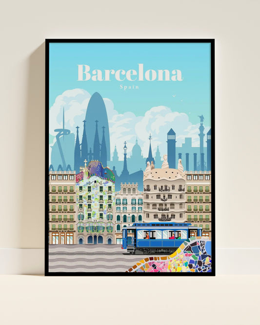 Affiche murale | Barcelone voyage artistique rétro 3 formats | Pigmentacy