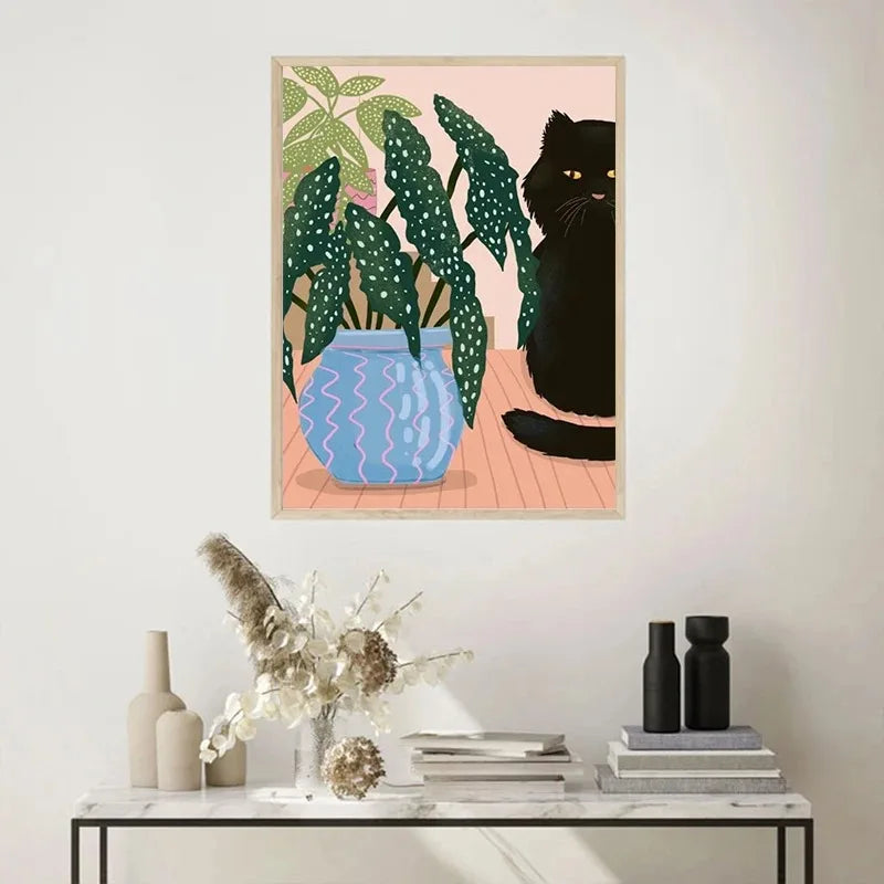 Boho Art Black Cat Tropical Plant Poster, Canvas Painting, Cute Animal Nordic Wall Picture for Modern Living Room, Home Decor Pigmentacy