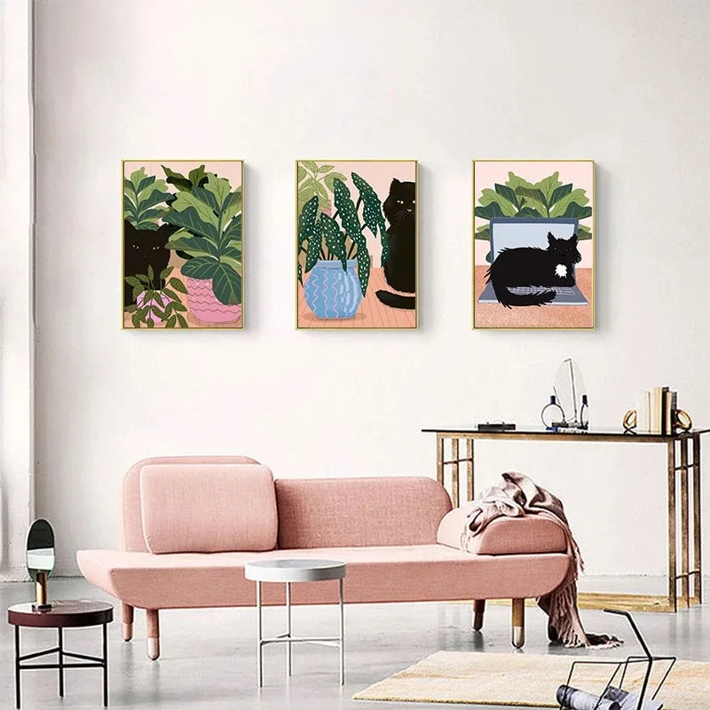 Boho Art Black Cat Tropical Plant Poster, Canvas Painting, Cute Animal Nordic Wall Picture for Modern Living Room, Home Decor Pigmentacy
