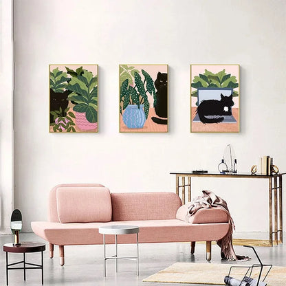 Boho Art Black Cat Tropical Plant Poster, Canvas Painting, Cute Animal Nordic Wall Picture for Modern Living Room, Home Decor Pigmentacy