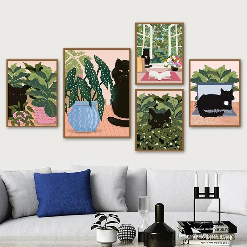 Boho Art Black Cat Tropical Plant Poster, Canvas Painting, Cute Animal Nordic Wall Picture for Modern Living Room, Home Decor Pigmentacy