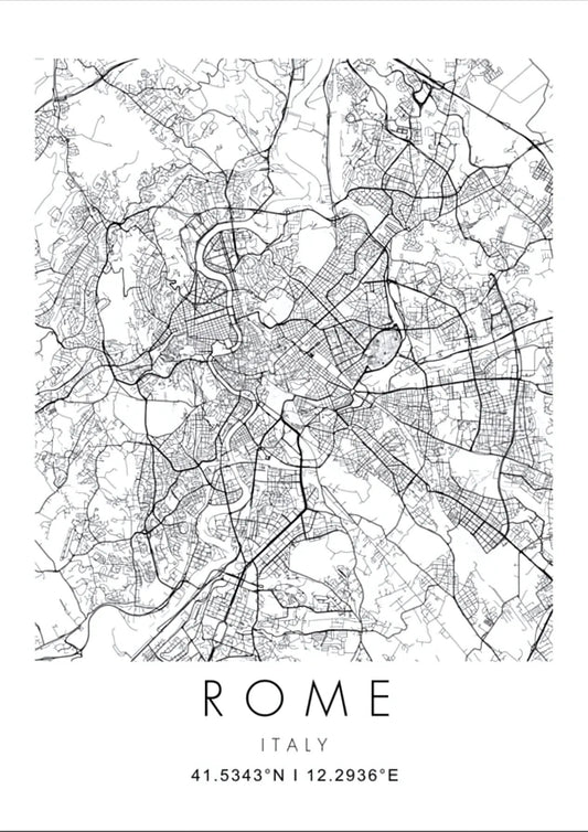 Affiche carte de Rome en noir et blanc, proposée en 3 formats élégants, style minimaliste et déco murale chic, parfaite pour une décoration intérieure raffinée et moderne – Pigmentacy