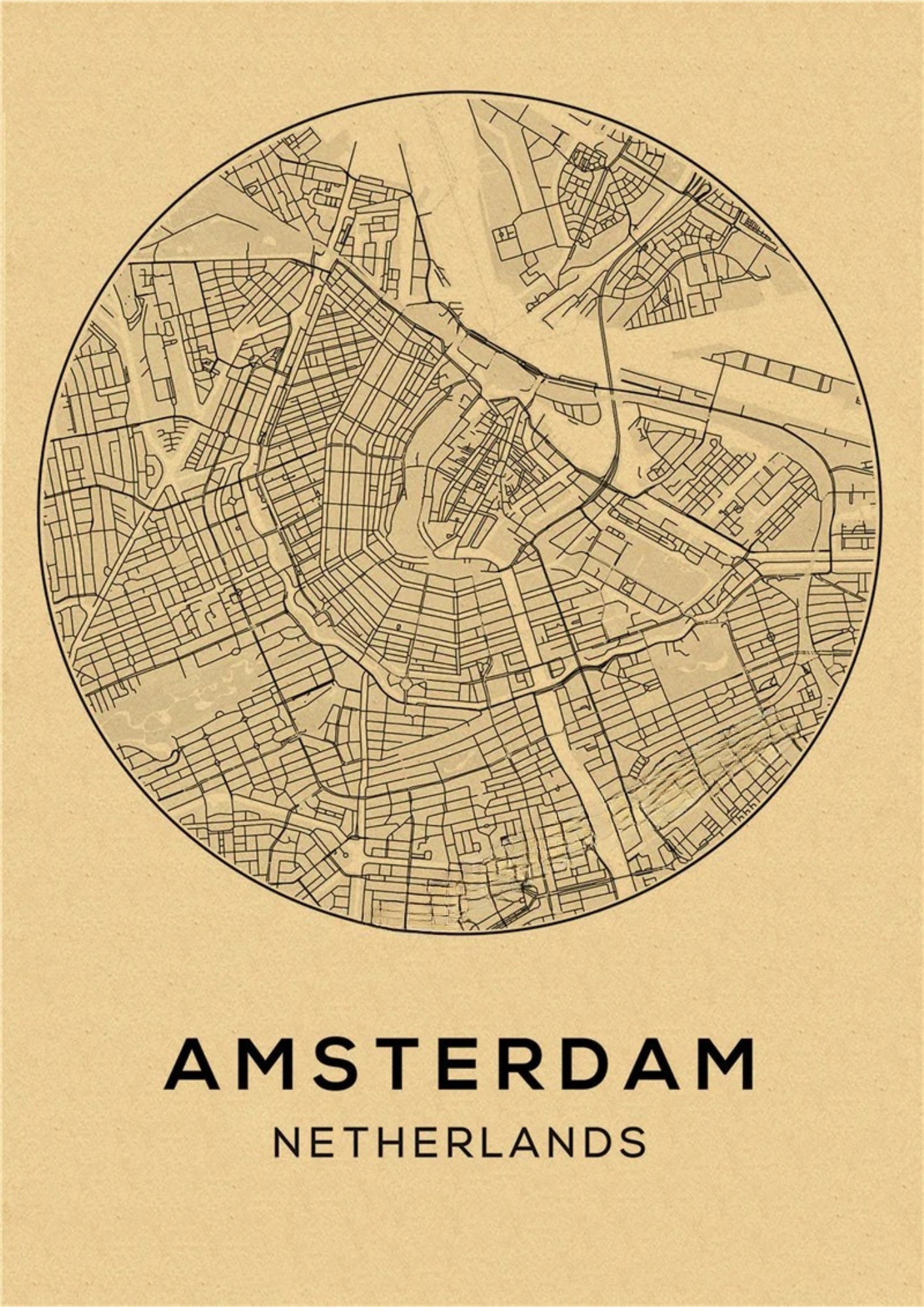 Affiche carte vintage Amsterdam, poster style rétro déco murale chic en 2 formats élégants – Pigmentacy