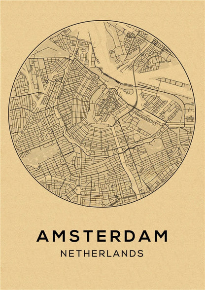 Affiche carte vintage Amsterdam, poster style rétro déco murale chic en 2 formats élégants – Pigmentacy