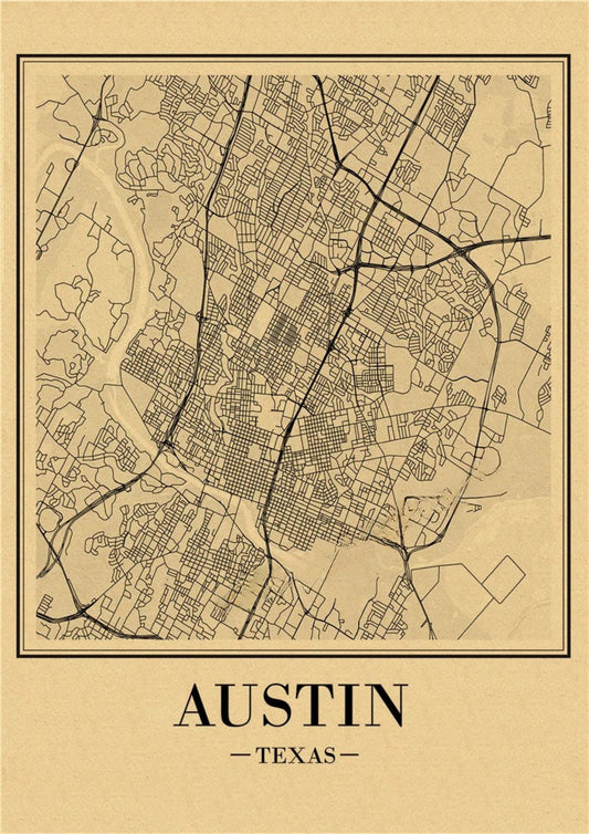 Affiche Carte Vintage Austin, disponible en 2 formats – Poster rétro élégant pour une déco murale chic – Pigmentacy