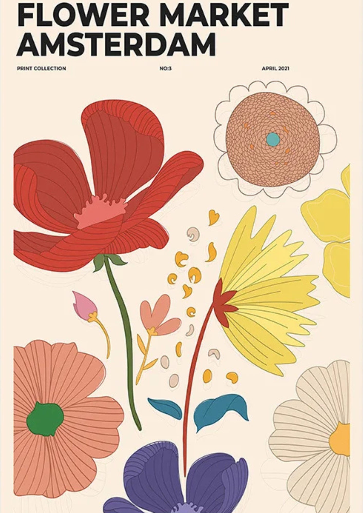 Affiche Flower Market Amsterdam 2 en 3 formats, déco murale au style floral coloré, parfaite pour une décoration intérieure fraîche et élégante – Pigmentacy
