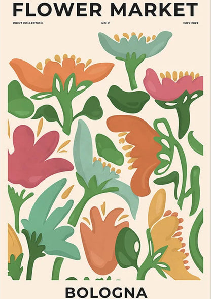 Affiche Flower Market Bologne en 3 formats, déco murale avec un style floral coloré, parfaite pour apporter fraîcheur et charme à votre intérieur – Pigmentacy