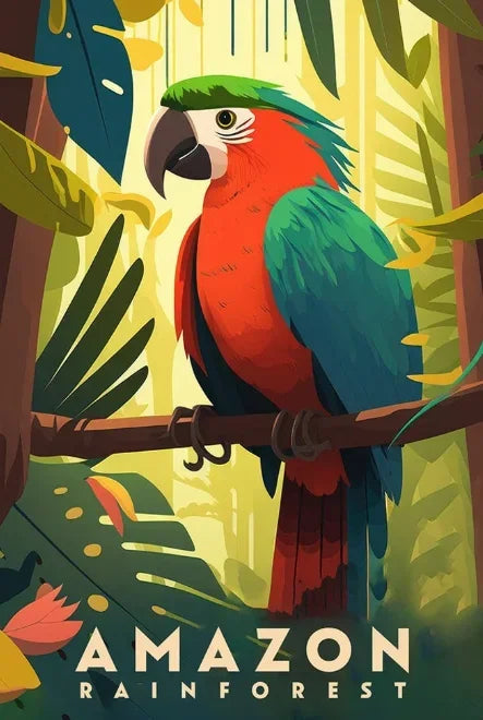 Affiche murale Amazone, poster rétro exotique inspiré d’un voyage en Amérique du Sud, disponible en 3 formats – Pigmentacy