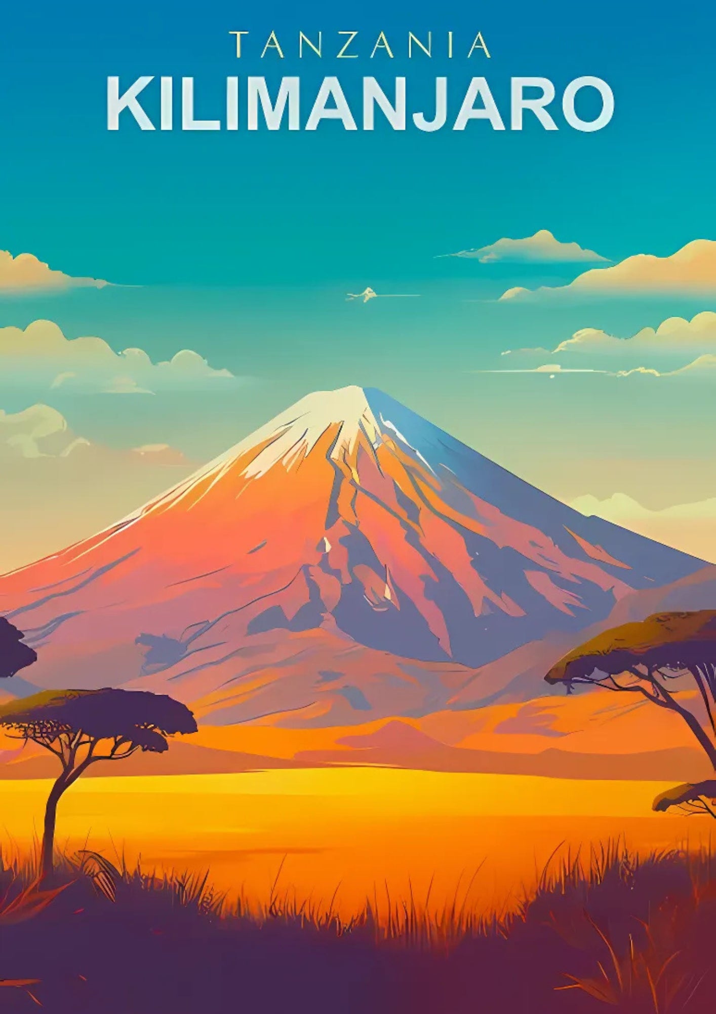 Affiche murale Kilimandjaro, poster montagne rétro en 3 formats, déco voyage Tanzanie – Pigmentacy