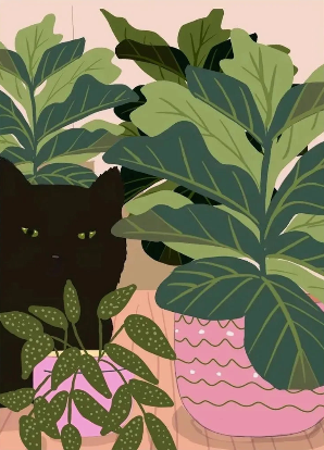 Boho Art Black Cat Tropical Plant Poster, Canvas Painting, Cute Animal Nordic Wall Picture for Modern Living Room, Home Decor Pigmentacy